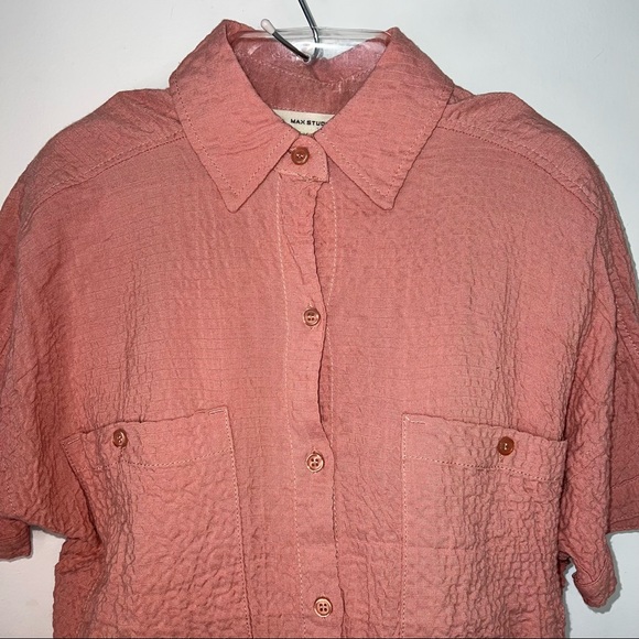 Max Studio Button Down Collar Shirt In Color Clay Textured Crepe Fabric Size XS - Picture 3 of 8